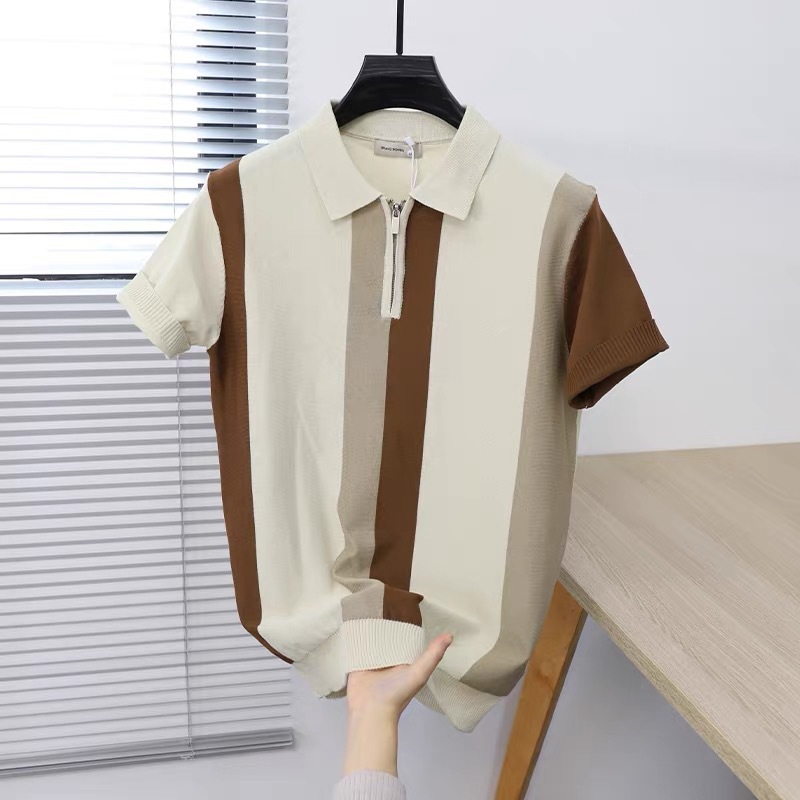 Polo camiseta camiseta de punto camiseta de manga corta camiseta de hombre a rayas solapa medio cremallera vieja fábrica de hielo de verano transfronteriza mayorista