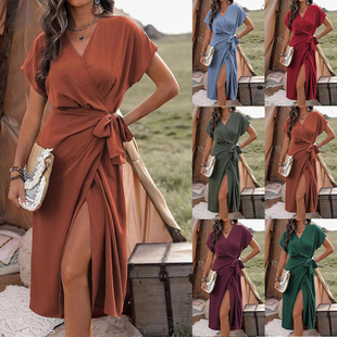 2025 New Summer Dress Amazon Commuter Fashionable Forged Slit Women's Pure Color Wrap Lace-Up Skirt