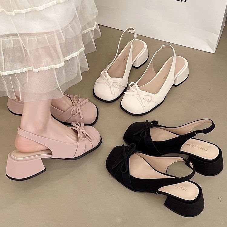Baotou Sandals for Women, Summer Mid-Heel 2025 New Style, Bowknot French High Heels, Gentle Fairy Style Chunky Heel Single Shoes Baotou Sandals for Women, Summer Mid-Heel 2025 New Style, Bowknot French High Heels, Gentle Fairy Style Chunky Heel Single Shoes