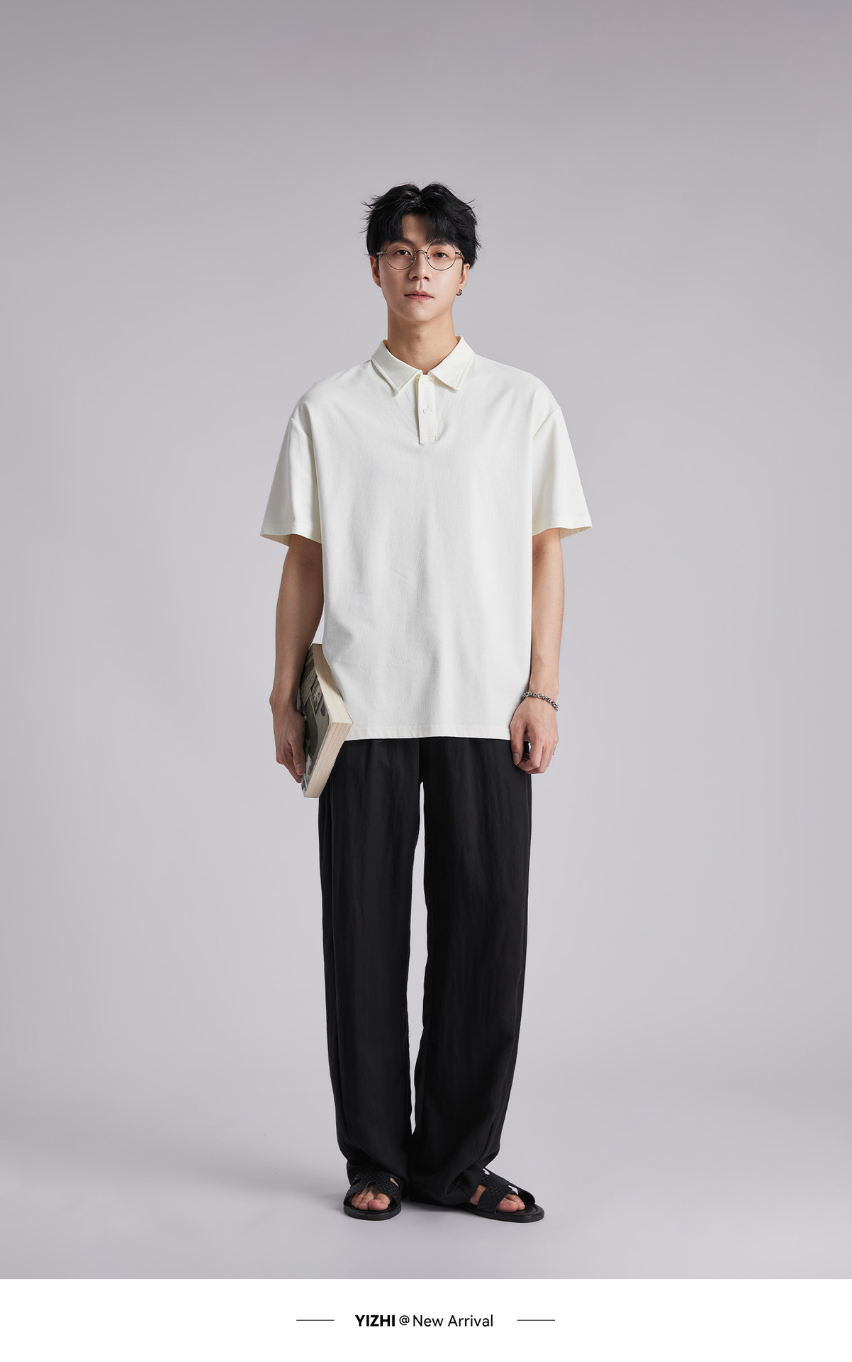 Áo polo nam cổ bẻ dáng rộng chất liệu cotton dày 220g, tay ngắn thoáng khí — đen chi tiết 15