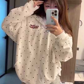 韩系甜美波点满印连帽开衫卫衣女秋奶宽松小个子学生百搭外套