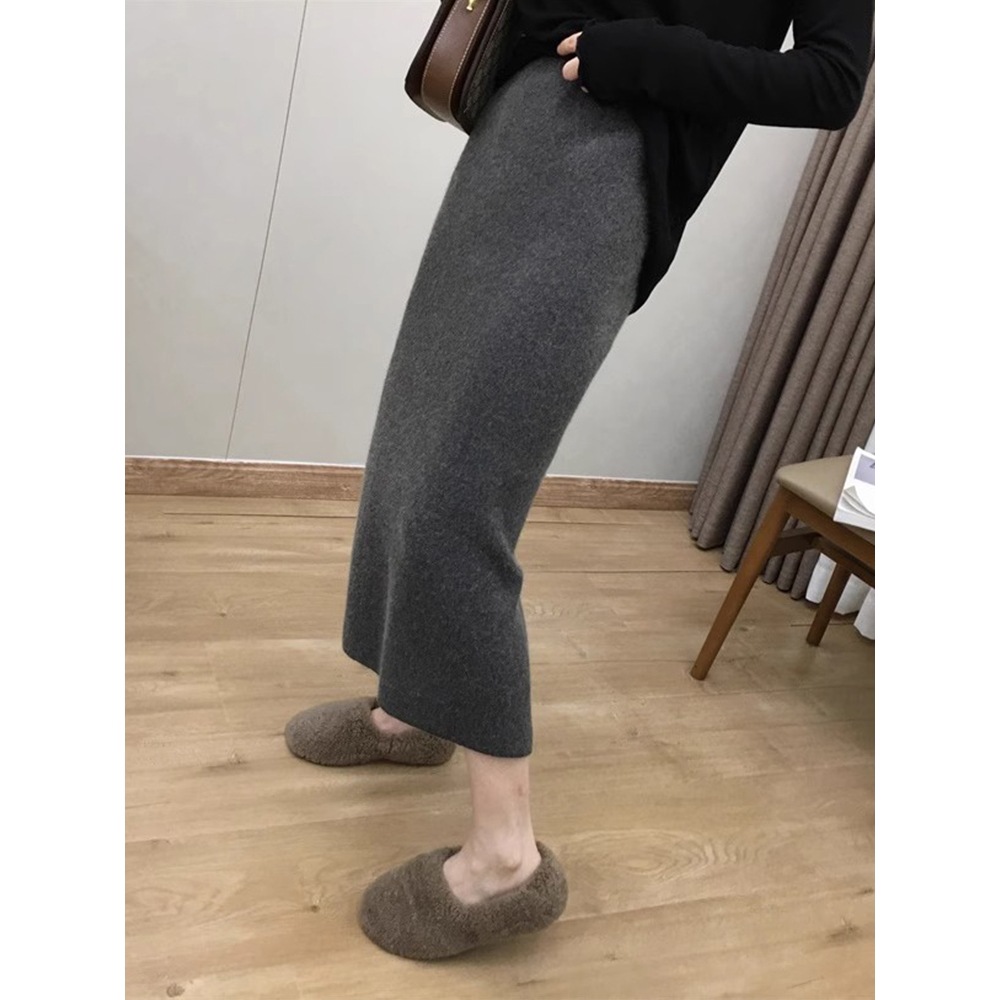 Cashmere Knitted Skirt Women's Winter Skirt Autumn and Winter Slimming Look Elegant Slit Woolen Skirt Hip-Covering One-Step Long Skirt