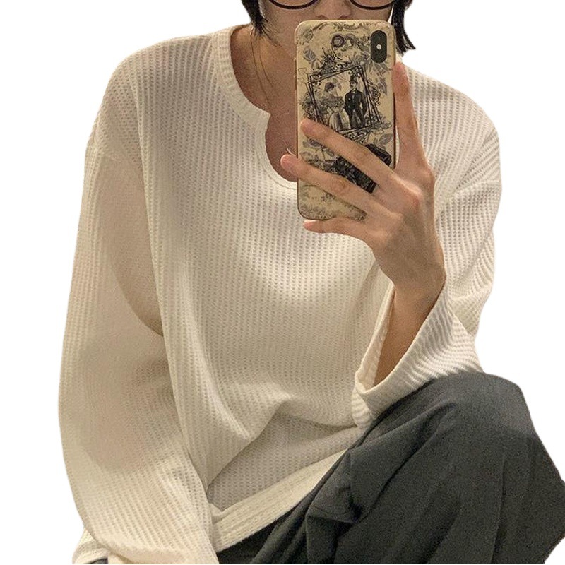 Waffle suéter 2023 a principios de otoño nueva camiseta superior de las mujeres sentido del diseño U cuello nicho Delgado adelgazamiento de manga larga image 1