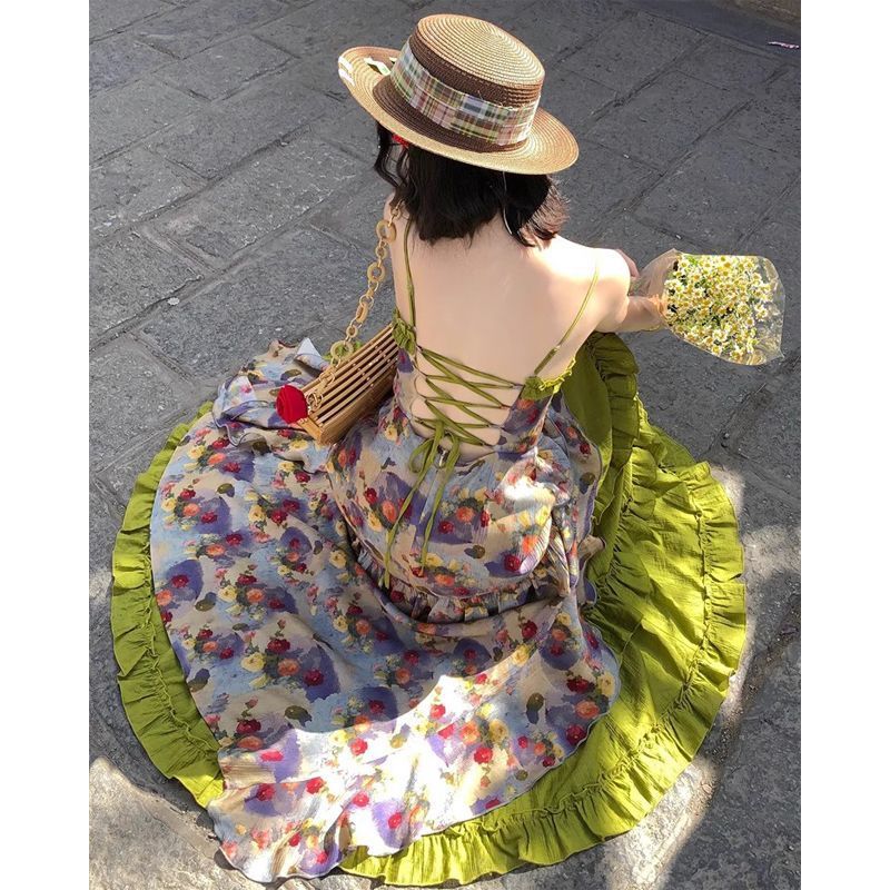 甜美油画风不规则露背碎花长裙半身裙开衫三件套女绿色开衫拼接|undefined