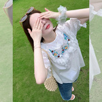 法式白色荷叶边短袖衬衫女夏季小衫高级感泡泡袖蕾丝镂空刺绣上衣