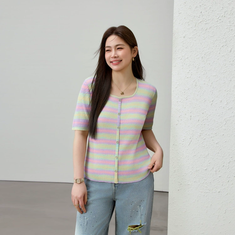 Элегантный облегающий вязаный топ с квадратным вырезом, блокирующий цвет допамина, женская одежда больших размеров для пышных женщин, лето 2025, новый стиль