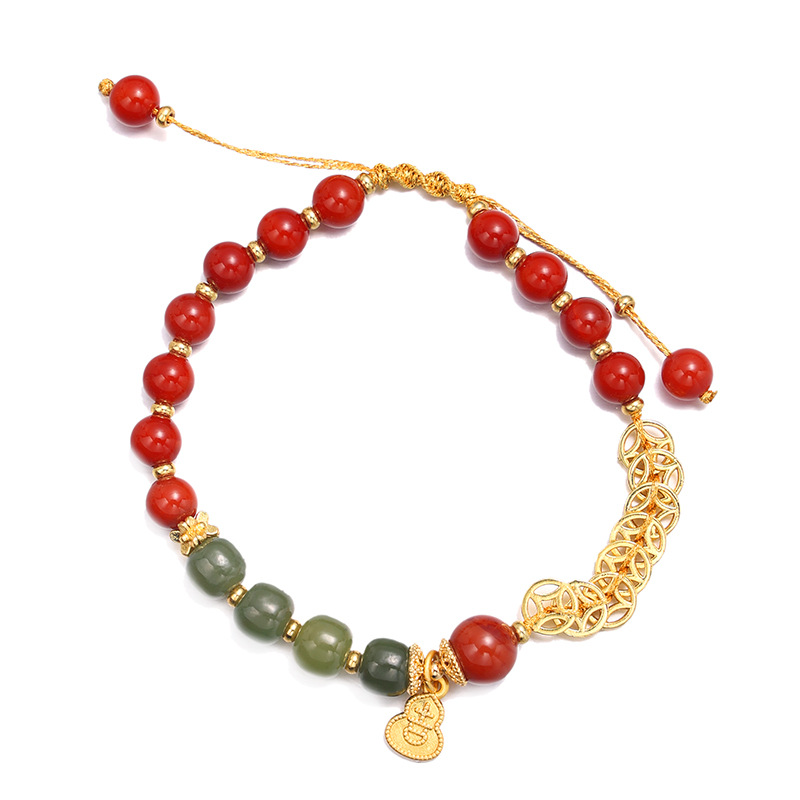 Brazalete de ágata rojo natural del sur nueva calabaza de oro de estilo chino imitación de oro de cobre núcleo de oliva de esmeralda pulsera de madera de sándalo verde para mujeres