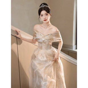 Golden One-Shoulder Evening Dress for Women, Classy Accessible Luxury Niche Coming-Of-Age Ceremony, Annual Meeting, Art Test Host, Classy Summer