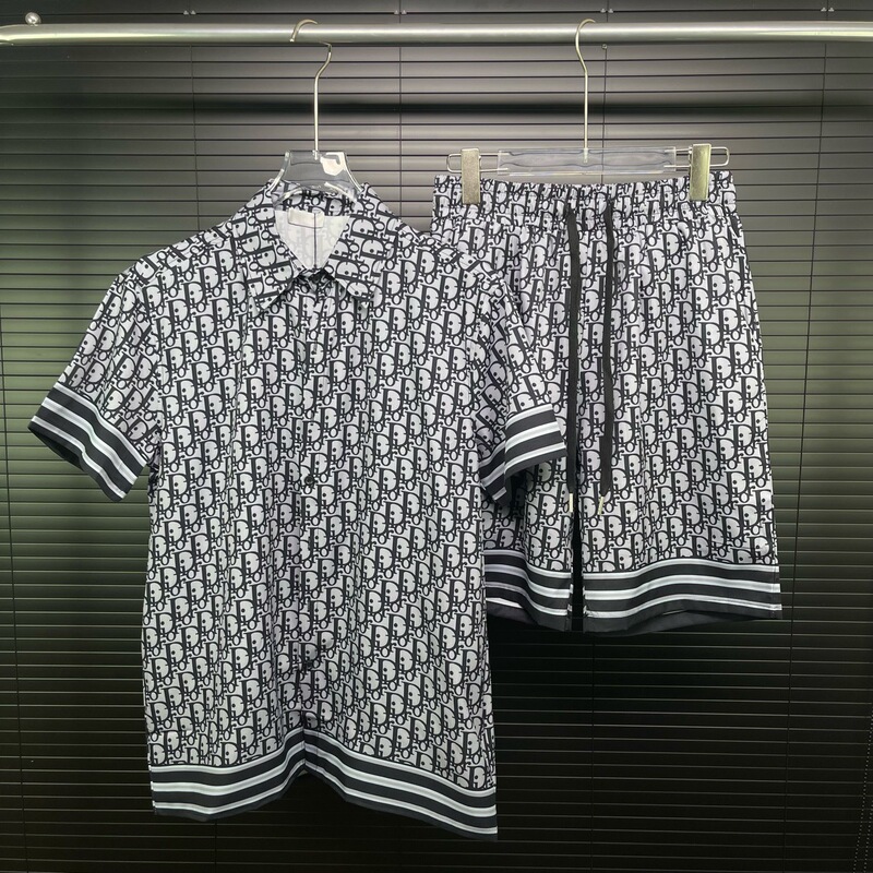 Cross-Border Foreign Trade D Summer Men's Short-Sleeved Shirt Suit Shorts Full Body Classic Letter Printing Ready Stock