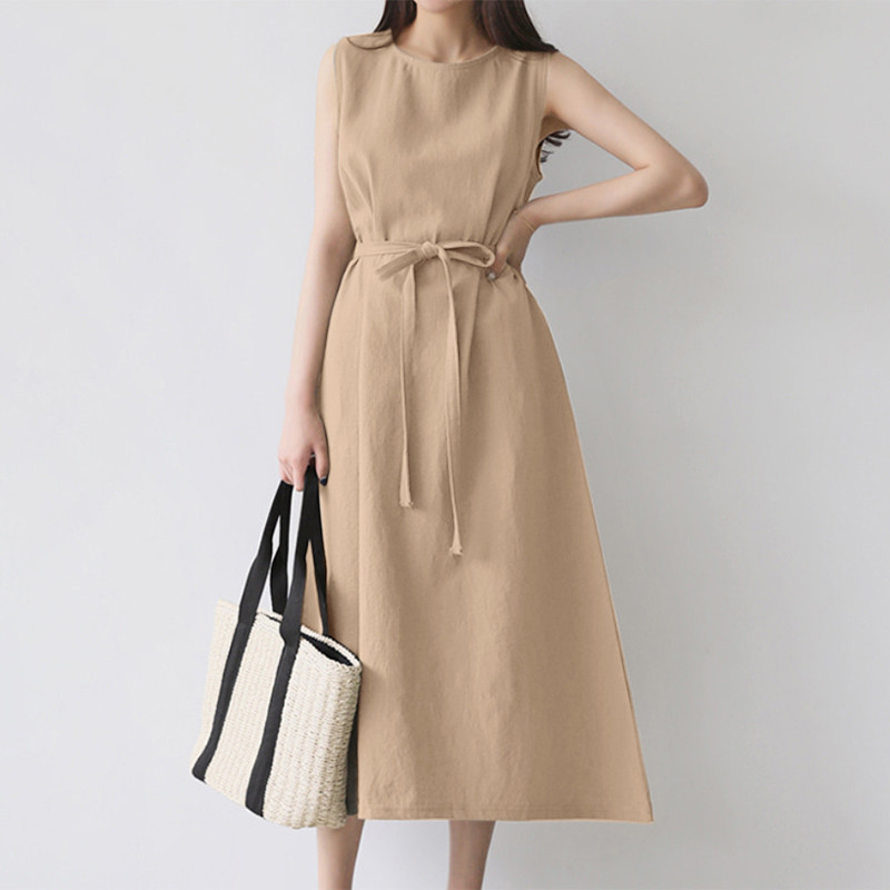 European And American Cross-border Women's Fashion Loose Bohemian Sleeveless Round-neck Solid Color Cotton-linen Long_ecoleips.com