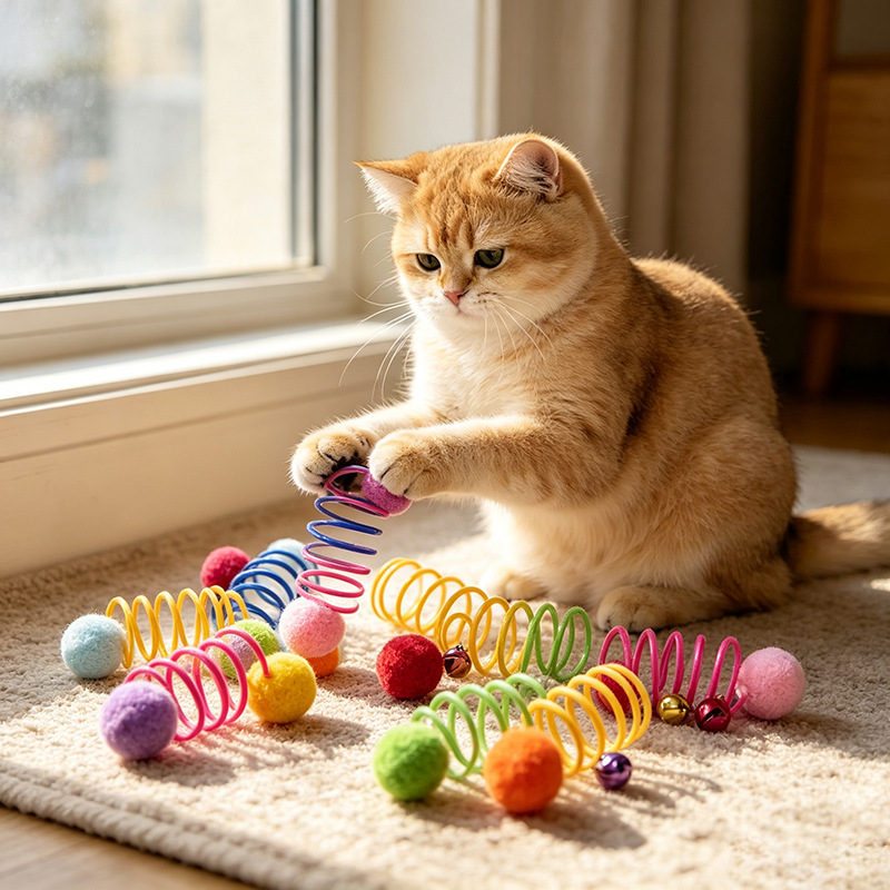 Multi-colored mixed plastic spring ball cat toy, durable and elastic, suitable for indoor use and for young cats