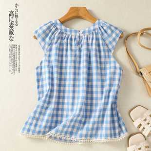 Real Shot of Retro Blue Plaid Shirt Tops for Women