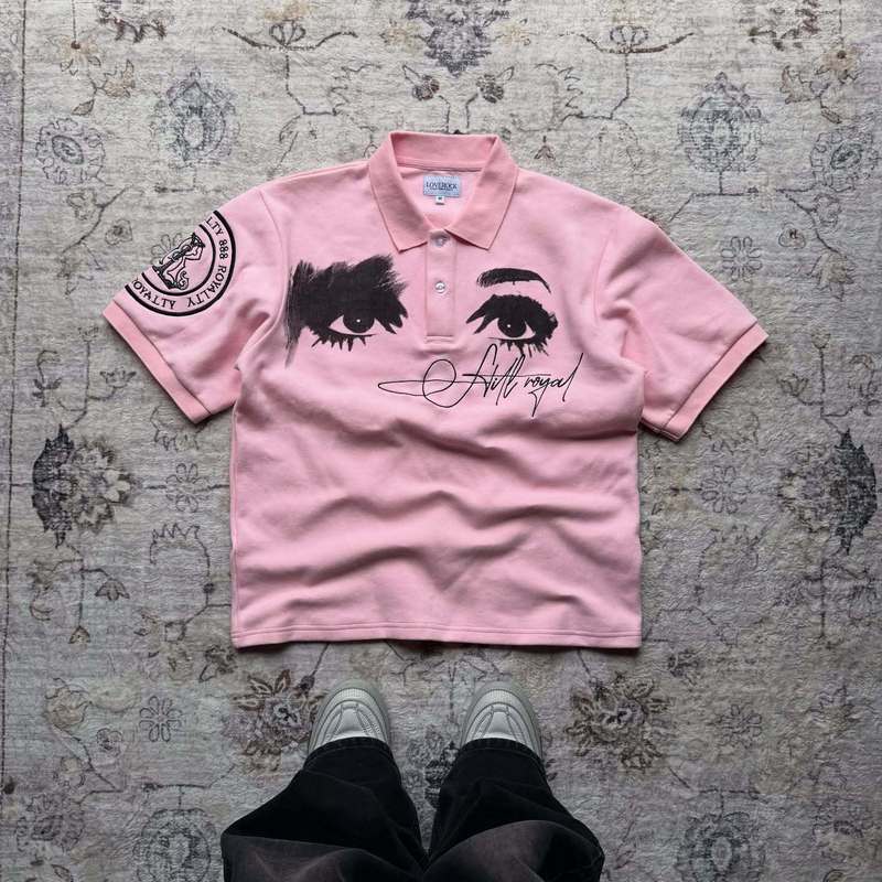 アメリカンストリートピンクレトロメモリーアイプラスシグネチャークリエイティブデザイン立体刺繍サマーポロシャツ|undefined
