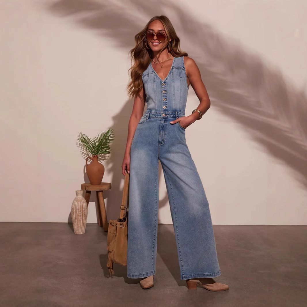 In-Stock 2025 Cross-Border Amazon American-Style Summer New Women's Casual V-Neck Sleeveless Denim Jumpsuit Pants for Women