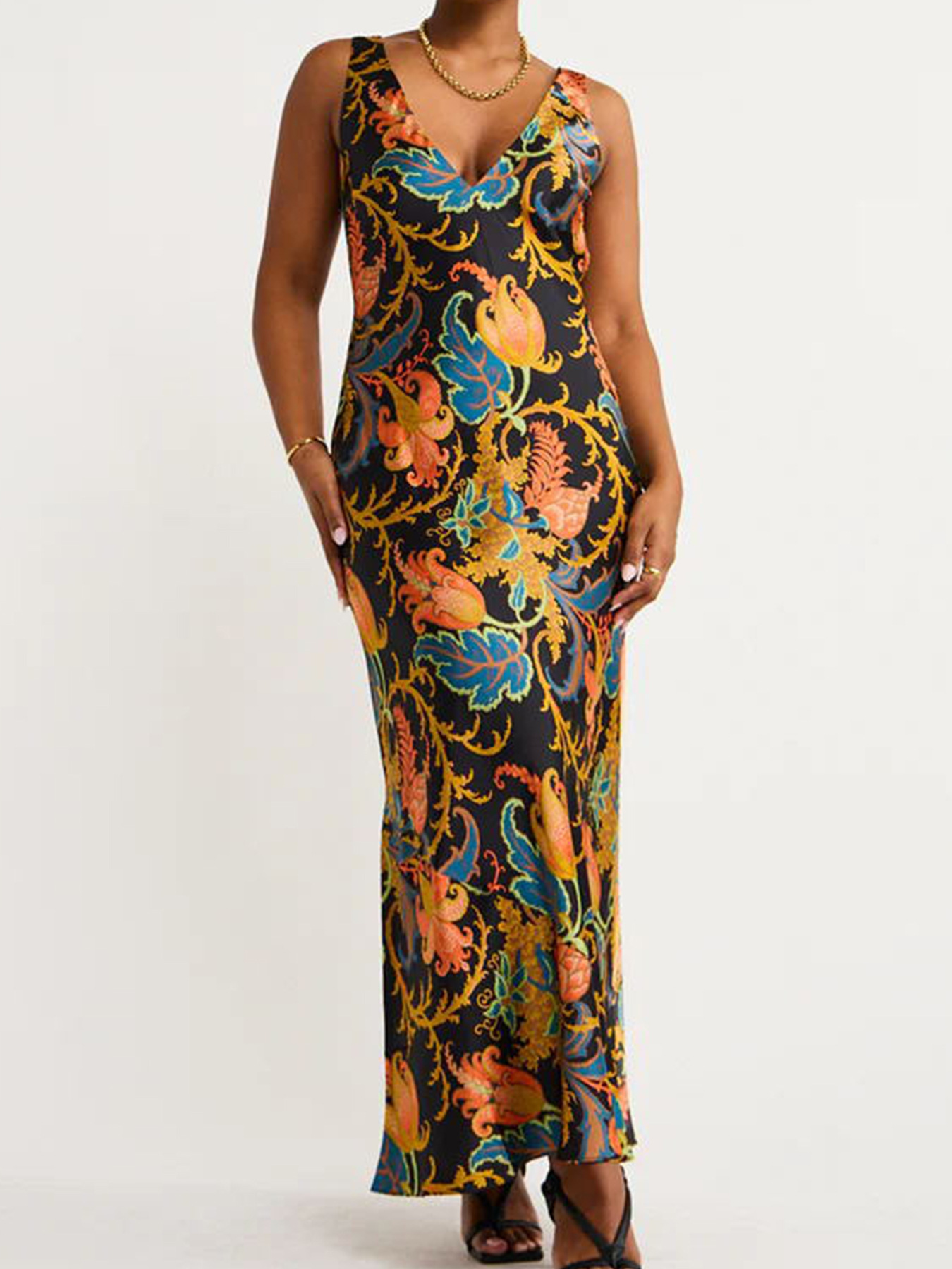 Positioning Printing Backless Sleeveless Swing Maxi Dress