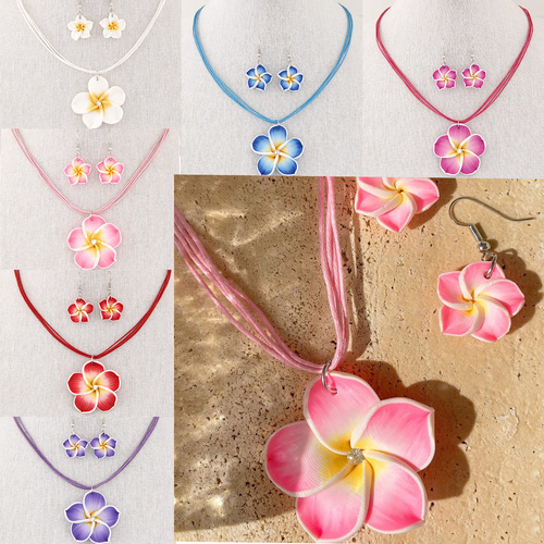 Soft pottery flower personalized necklace and earrings two-piece set European and American wax rope soft pottery plumeria-shaped bridesmaid gift N3211