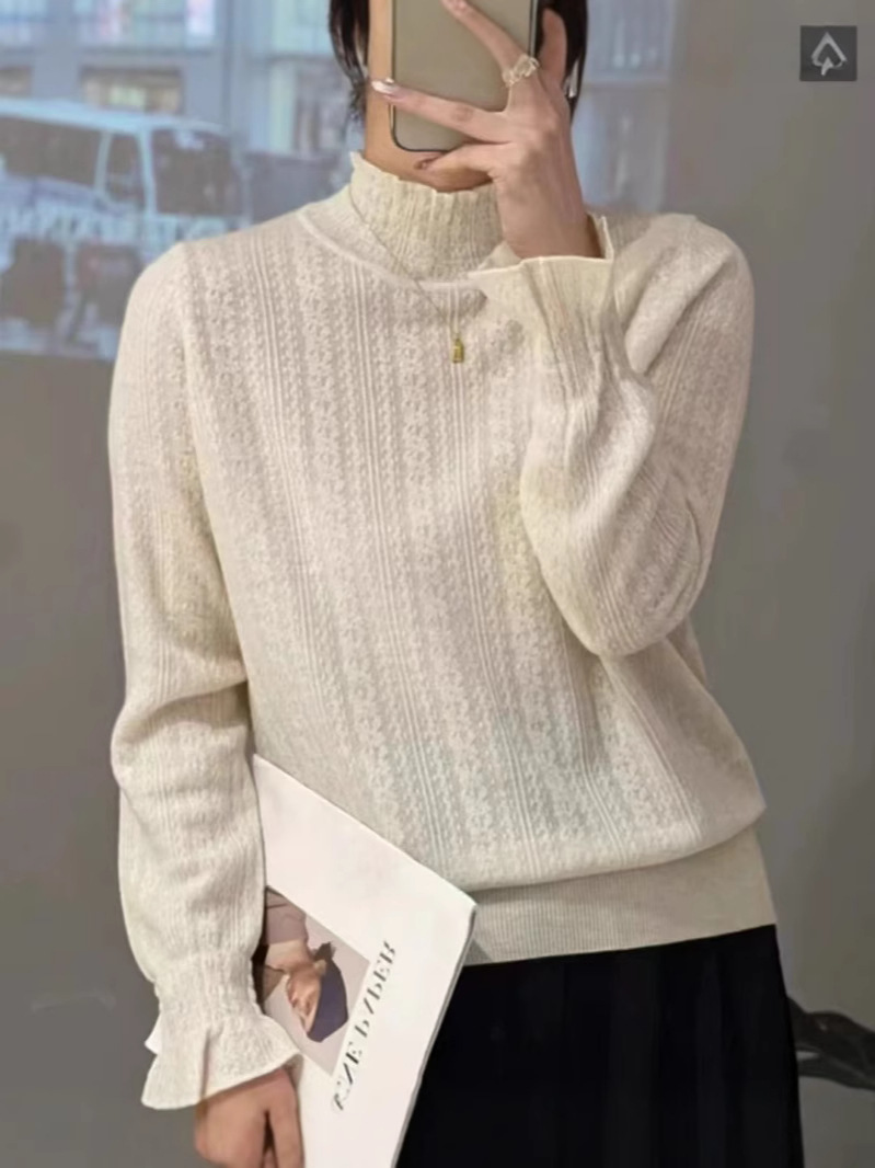 Hormigón de encaje de cuello medio alto jersey de punto para mujeres 2024 otoño y invierno nuevo suelto delgado envejecimiento camisa de manga larga
