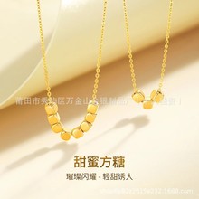 水贝黄金方糖项链女款999足金转运珠纯金路路通吊坠锁骨链送女友