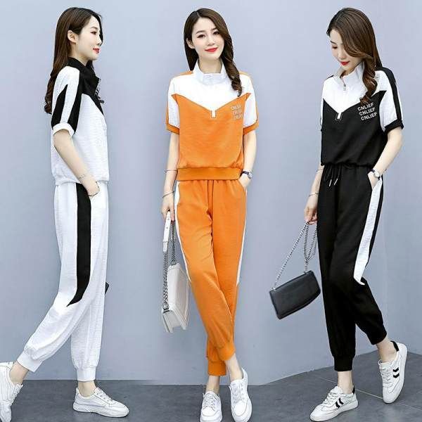 Sports suit Women's 2025 Summer New Fashion Contrast Color Stitching suit Casual Sports Age-reducing Two-piece Set for Women