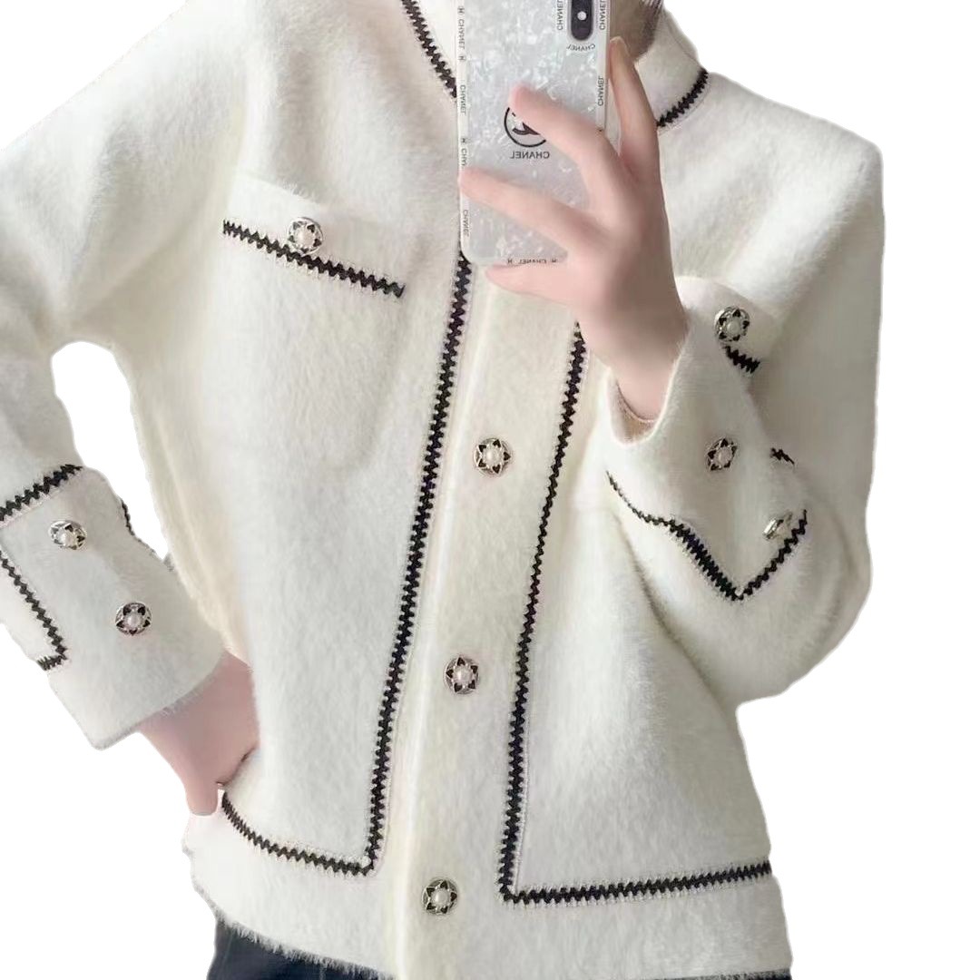 Otoño e Invierno 2023 estilo coreano nuevo estilo Chanel manga larga punto cardigan abrigo Faux visón terciopelo cuello redondo todo el Partido suéter para mujer