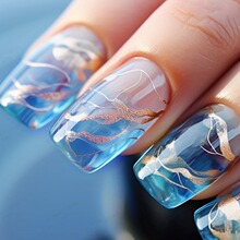 欧美跨境热销短款欧方型蓝色晕染美甲金箔线条美甲穿戴甲nails