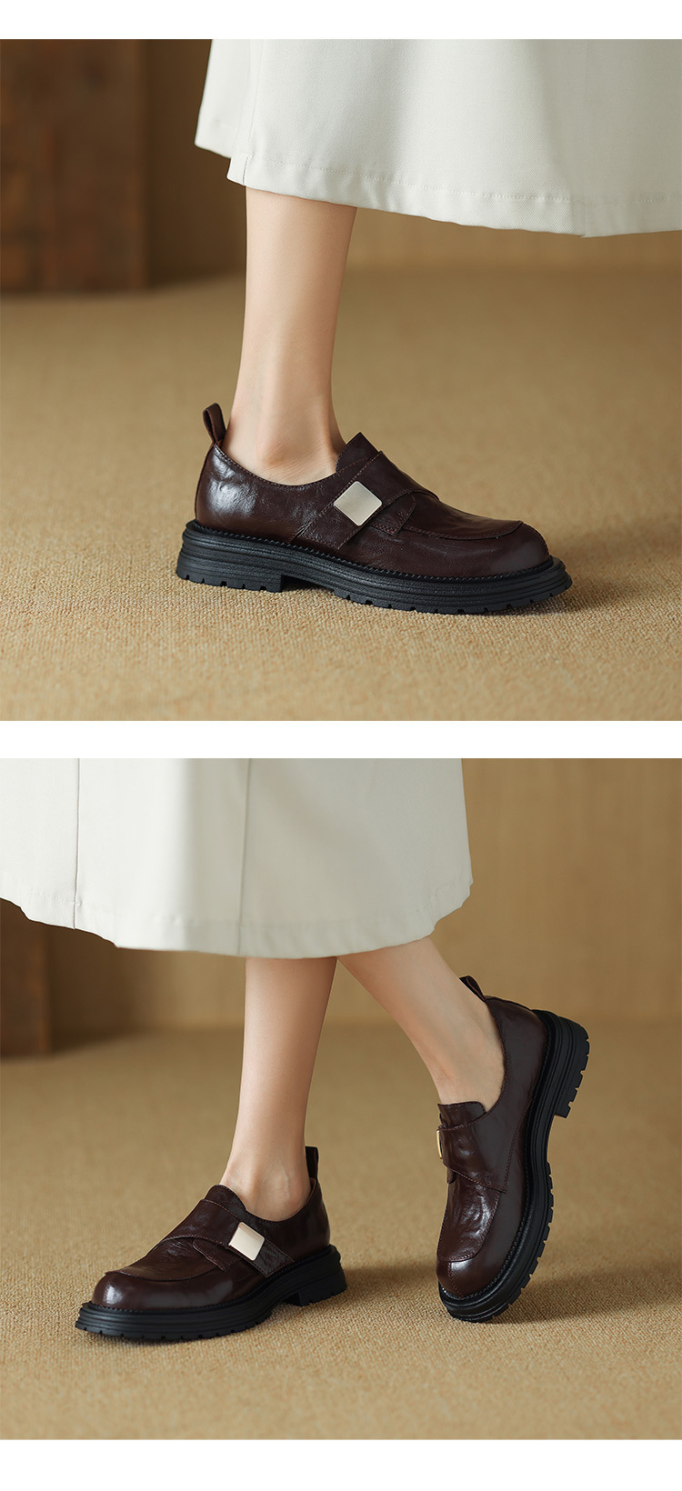 Versione ~ 2025 Nuove scarpe slip-on da donna in pelle di pecora lavata a mano, stile britannico, con punta arrotondata e suola spessa_voghion.com