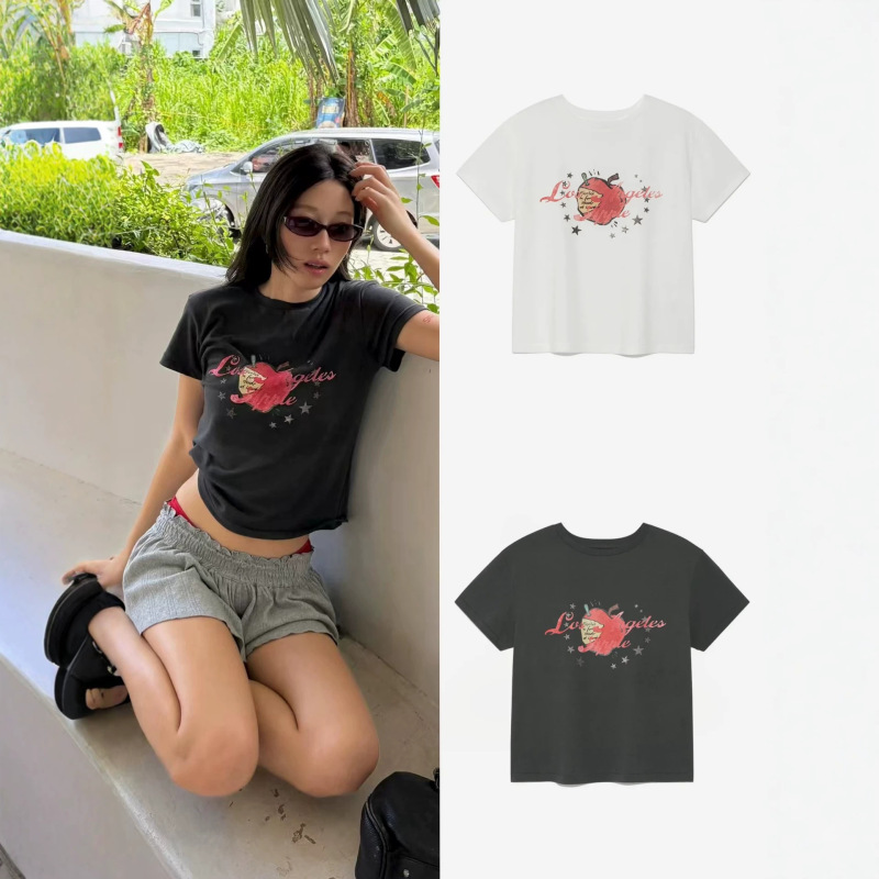Now Available: Korean Designer Glow*Y Apple Letter Print Short-Sleeve Korean-Style Women's American Retro Round-Neck T-Shirt for Summer Now Available: Korean Designer Glow*Y Apple Letter Print Short-Sleeve Korean-Style Women's American Retro Round-Neck T-Shirt for Summer