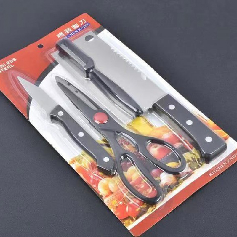 Embalaje de plástico de cuatro piezas de acero inoxidable al por mayor cuchillo de cocina cuchillo de frutas melón planador conjunto combinado de tijeras