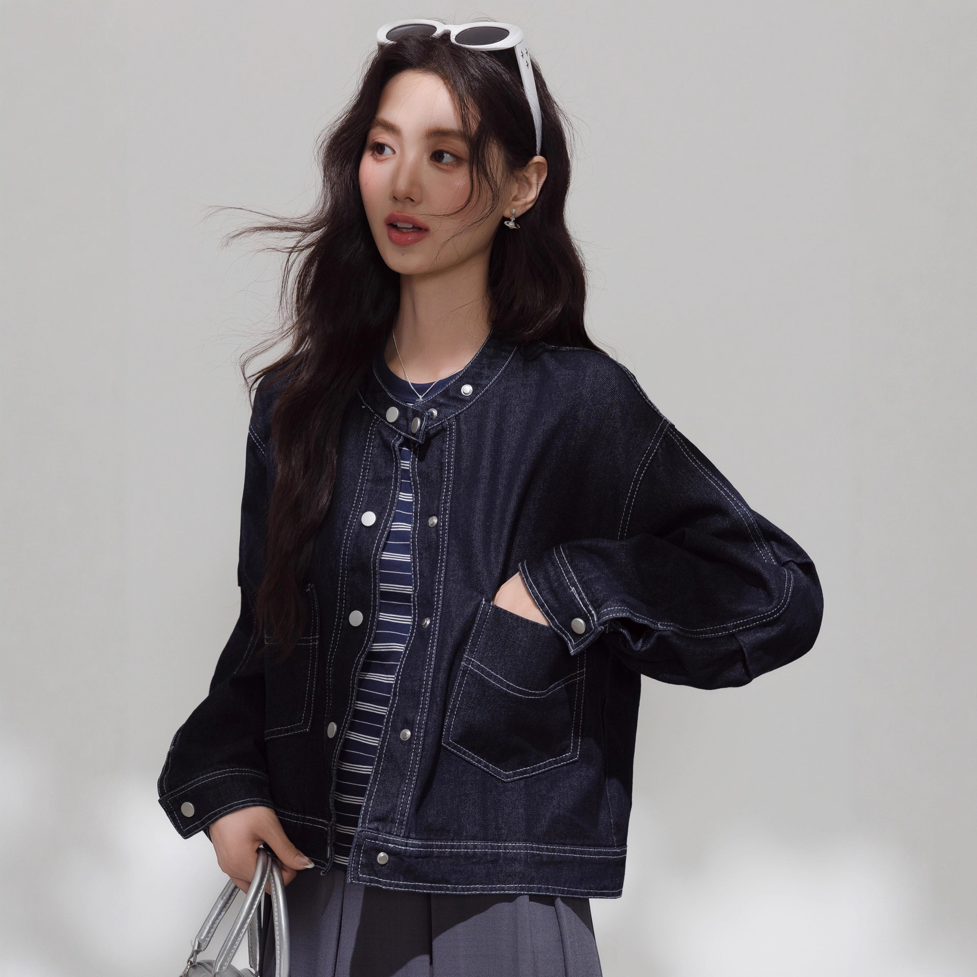 Autumn denim jacket with a round collar