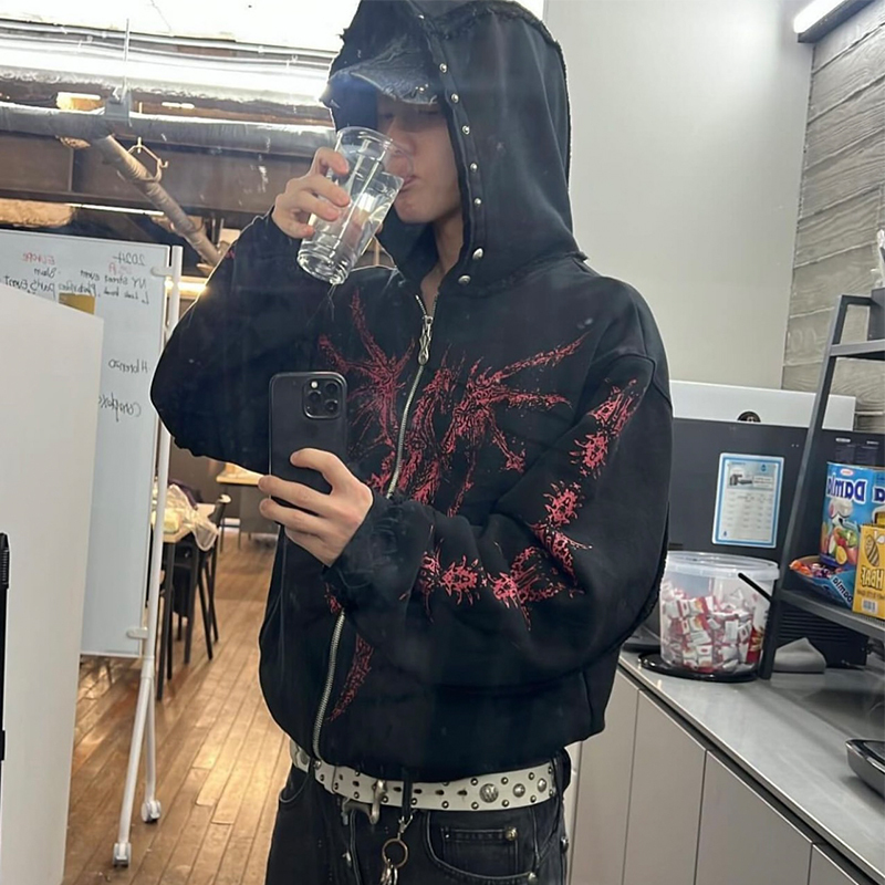 THUG CLUB Heavy Keel Devil Print Rivet Old Loose Long Sleeve Zipper Hoodie Sweater Jacket