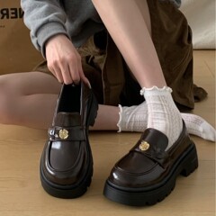 真皮山茶花棕色乐小皮鞋女2025新夏季厚底JK百搭英伦风玛丽珍鞋