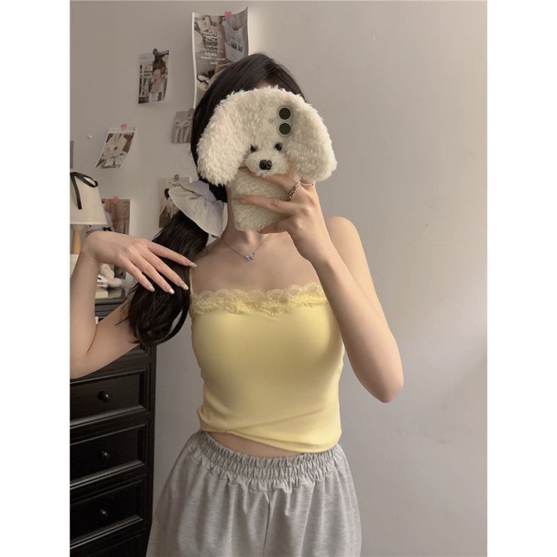 Chaleco de encaje pequeño para mujeres de verano nuevo puro para cubrir el pecho amarillo con cojín de pecho hermoso para usar en la espalda...