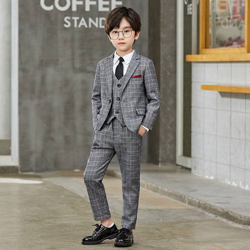 Children's autumn clothing suit new boy's small suit performance boy's gray plaid plus velvet thickened suit one piece on behalf of