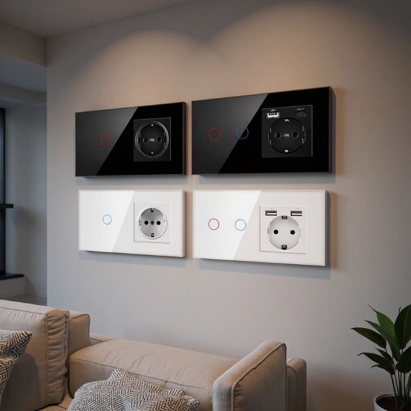 欧标欧规俄罗斯触摸传感器开关带插座水晶玻璃面板壁式插座开关