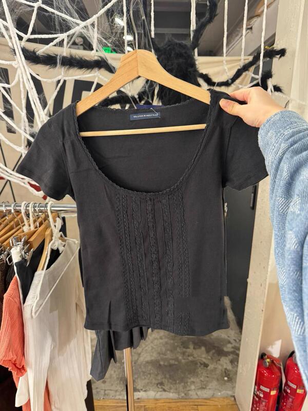 Bm Style New Black Retro Lace Large Round Neck Short-Sleeve T-Shirt, Bm Slim-Fit Flattering Versatile Pure Desire U-Neck Top