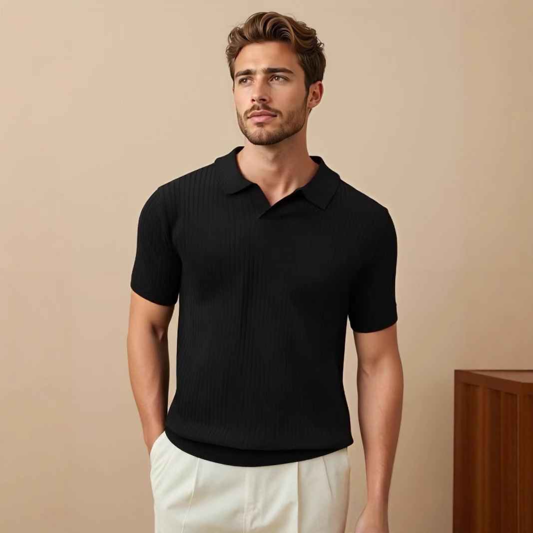 Summer Foreign Trade All-match Knitted Shirt Men's Polo Shirt Solid Color Light Mature Commuter Basic Thin Lapel Men's Short Sleeve