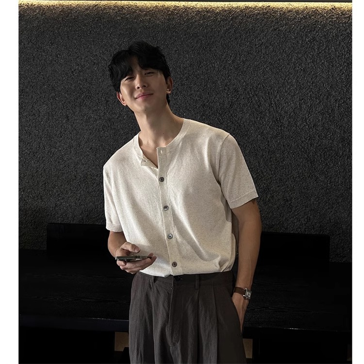 Summer Thin T-shirt Men's Short-sleeved High-end Loose Lazy Style Cardigan Knitted Hong Kong Style Japanese Ins Casual T-shirt