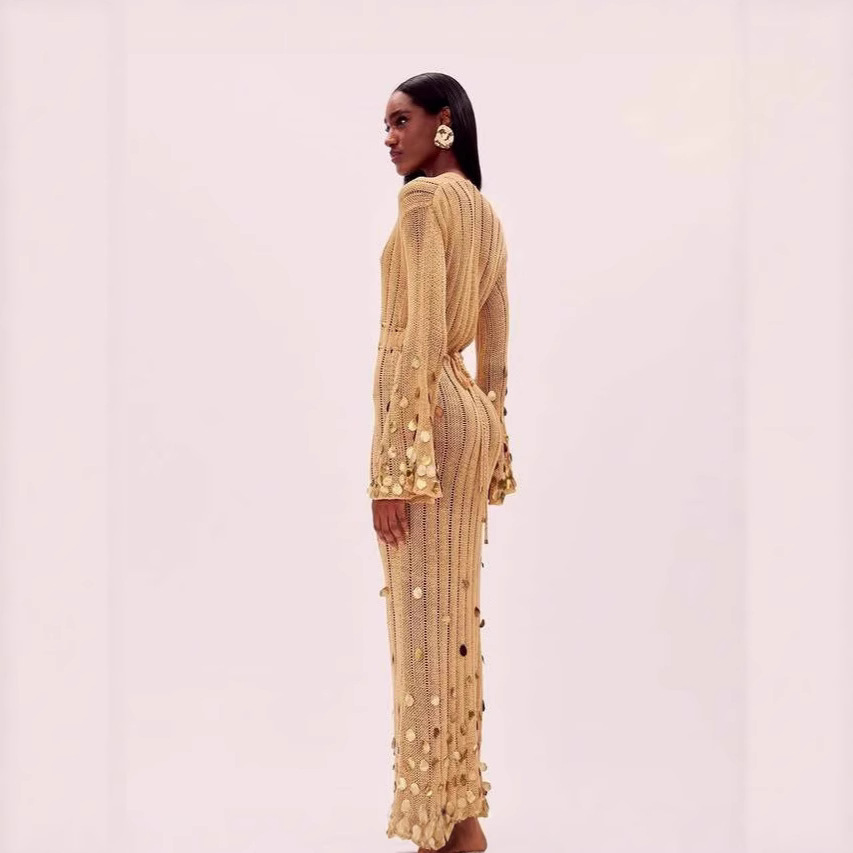 GraceChic 2025 Primavera e Autunno Nuovo Elegante e alla Moda Scollo a V Abito Lungo in Maglia Slim All'Ingrosso_voghion.com