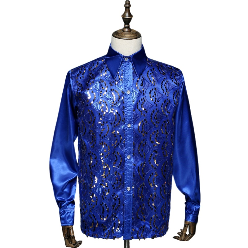 Comercio exterior transfronterizo Camisa de lentejuelas de los hombres traje de rendimiento coro adulto traje de escenario danza rendimiento camisa de manga larga
