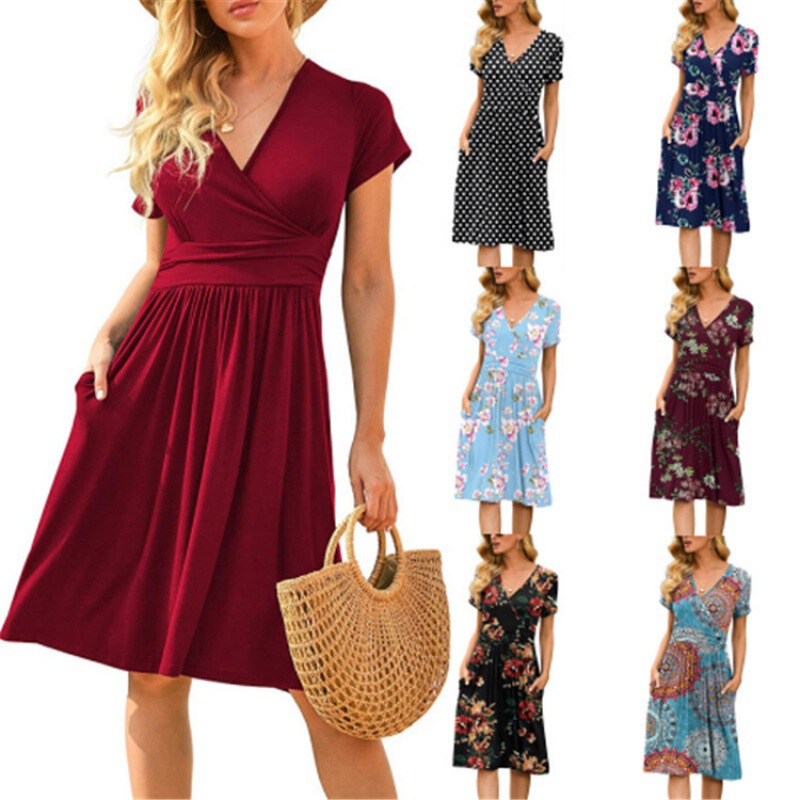Amazon's New European and American Cross-Border Export Women's Short-Sleeved Printed Pocket Mid-Length Waist Dress in Stock Amazon's New European and American Cross-Border Export Women's Short-Sleeved Printed Pocket Mid-Length Waist Dress in Stock