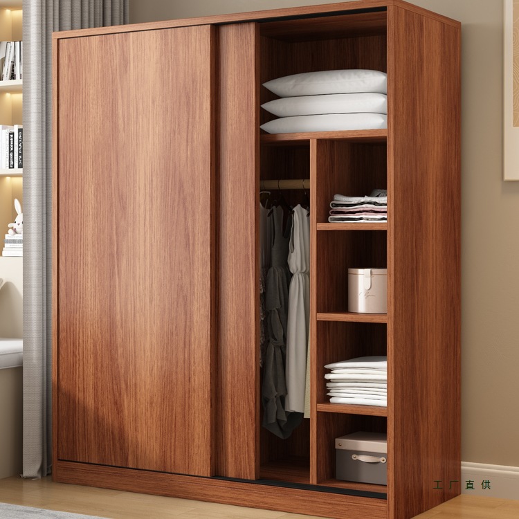Medieval Style Wardrobe Home Bedroom Sliding Door Solid Wood Rental Storage Locker Small Apartment Simple Wardrobe