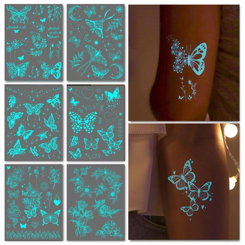 Tiktok-Style Beautiful Butterfly Glow-In-The-Dark Disposable Tattoo Stickers Fluorescent Lace Stars Moon Face Stickers Collarbone Stickers
