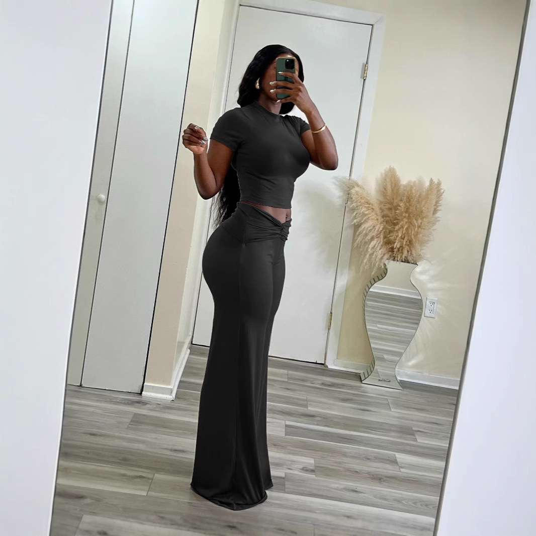 High Elasticity Slimming Wide Leg Pants Set High Waisted Twisted Two Piece Set Solid Color European And American Style Summer Wear For Women D10129_voghion.com