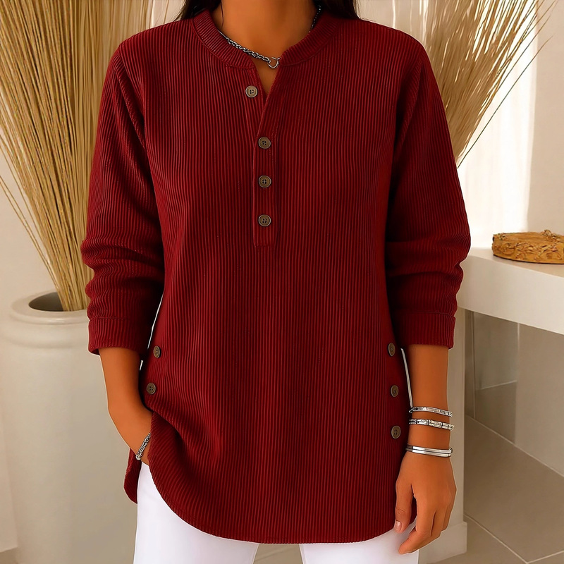 2025 Cross-Border European and American Autumn and Winter New Corduroy Pure Color Loose Casual V Neck Button Long-Sleeved Women's Top T-Shirt