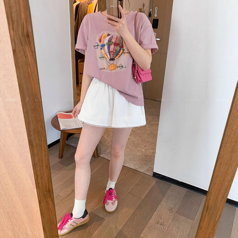 Cartoon Hot Air Balloon Round Neck Short-Sleeved Printed T-Shirt for Women Summer New Loose Slimming Look Versatile Casual Top Half-Sleeved