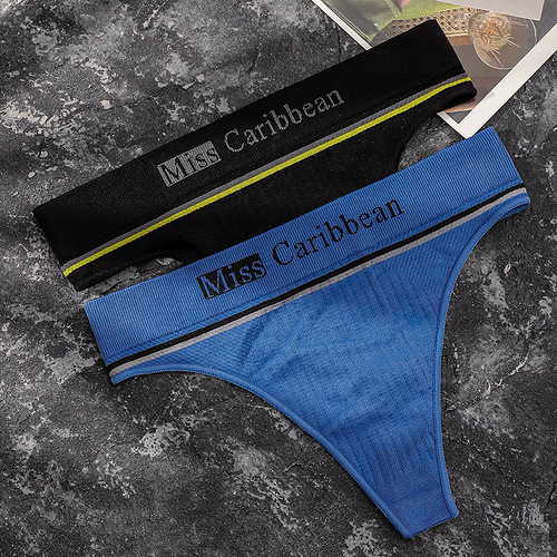 Women's sexy sports fitness letter striped threaded seamless mid-high waist seamless briefs thong underwear