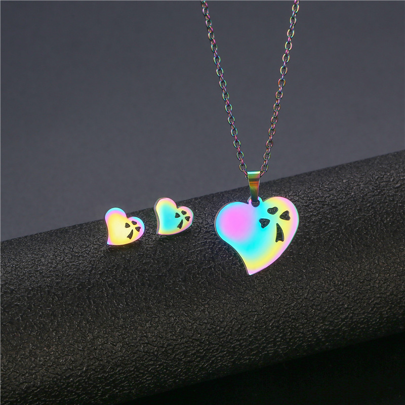 Stainless Steel Creative Cross-Border Colorful Hollowed Heart Shape Necklace and Earring Suit Heart-