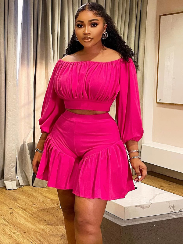 N8067 European and American Amazon Cross-Border Plus Size Women's New Style Pleated One-Line Collar Fluffy Waist Casual Two-Piece Set