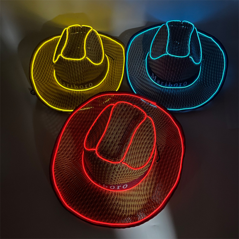 Sombreros de caballero occidental hombres y mujeres sombreros de paja LED sombreros de vaqueros luminosos espectáculo de fiesta LED sombreros de vaqueros de perlas luminosas