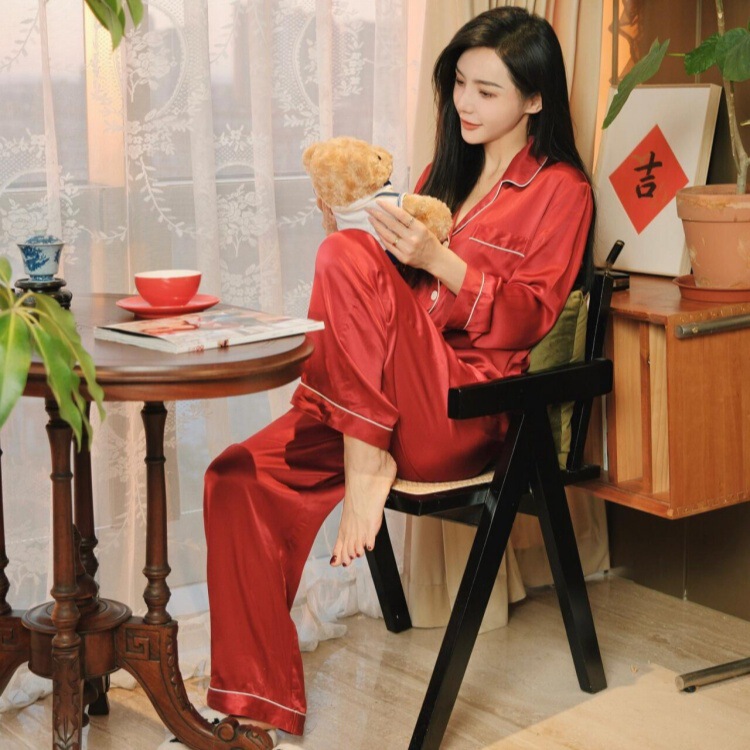 wine red Year of Life Ice Silk Home Clothes suit New Wedding Long Sleeve Festive Couple Bride Wedding Pajamas for Men and Women